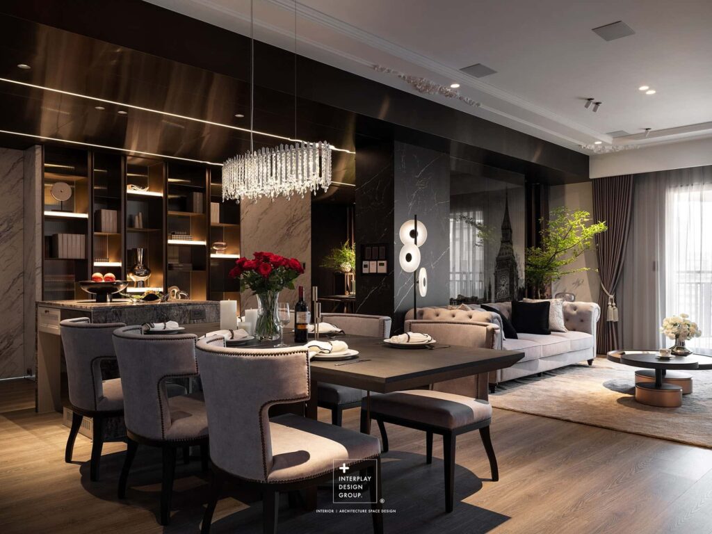 透過原裝質感與訂製家具的軟裝點綴，讓深色空間保有居住溫度