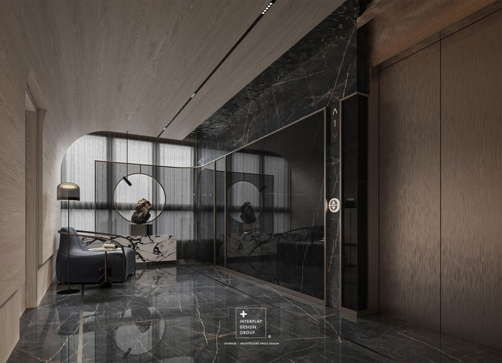 光影在石材與鏡面之間流動、折射，營造出一種晶瑩剔透感