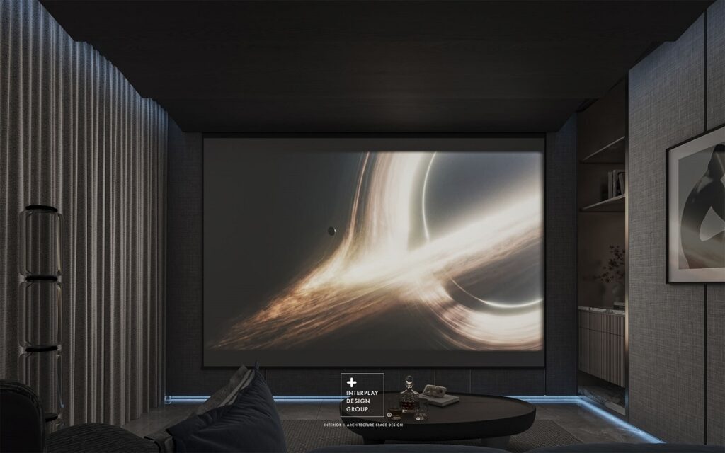 視聽室全景案例圖，整合專業音響設備。