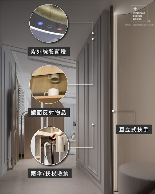 外線殺菌燈設有提示與開門斷電機制,高櫃鏡面可讓屋主看見上層物品,直立扶手則在穿脫鞋時提供支撐。